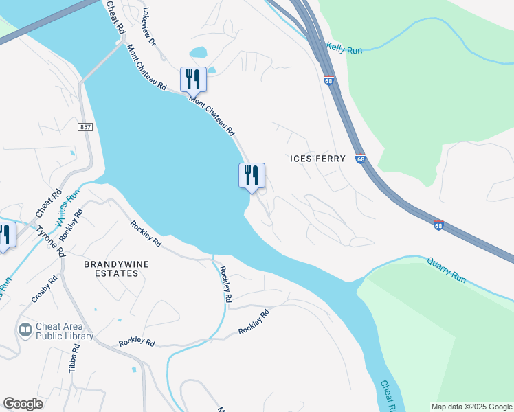 map of restaurants, bars, coffee shops, grocery stores, and more near 59 Mont Chateau Road in Morgantown