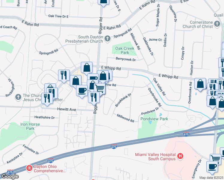 map of restaurants, bars, coffee shops, grocery stores, and more near 5705 Coach Drive East in Dayton