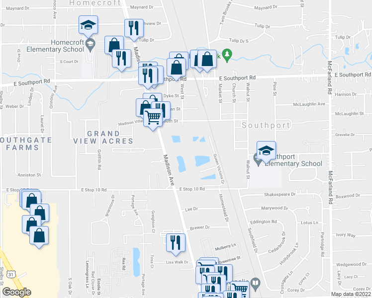 map of restaurants, bars, coffee shops, grocery stores, and more near 2071 Windsor Parkway in Indianapolis