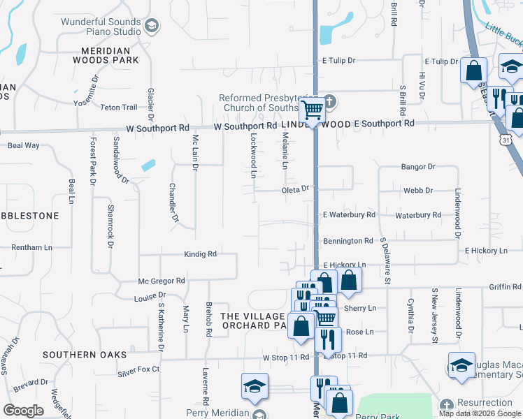 map of restaurants, bars, coffee shops, grocery stores, and more near 180 West Waterbury Road in Indianapolis