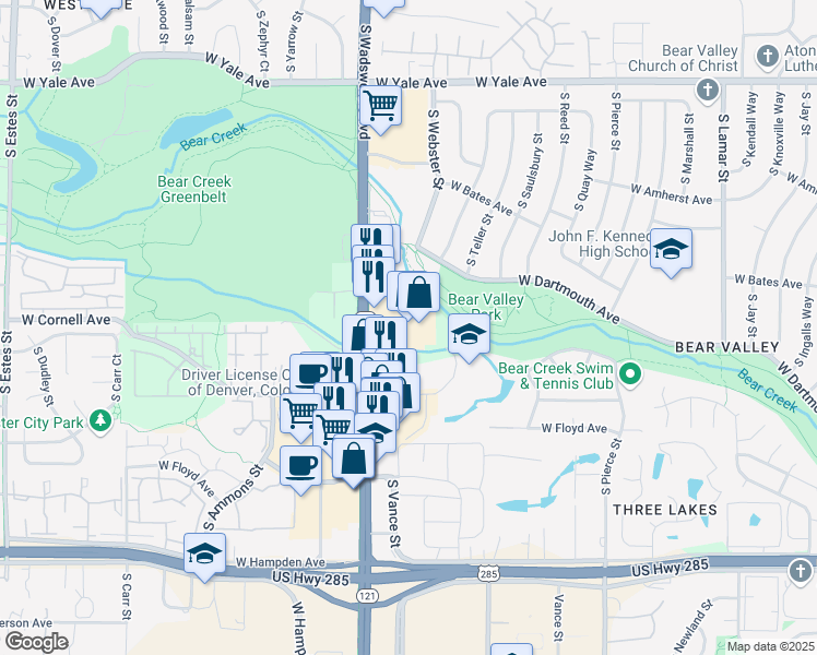 map of restaurants, bars, coffee shops, grocery stores, and more near 3150 South Wadsworth Boulevard in Lakewood