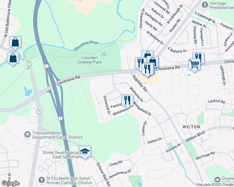 map of restaurants, bars, coffee shops, grocery stores, and more near 17 Granbury Drive in New Castle