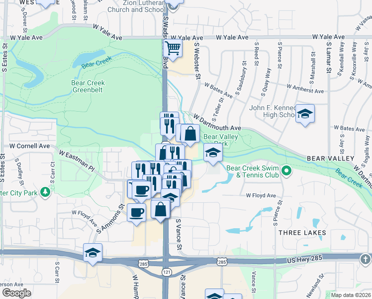 map of restaurants, bars, coffee shops, grocery stores, and more near 3150 South Wadsworth Boulevard in Lakewood