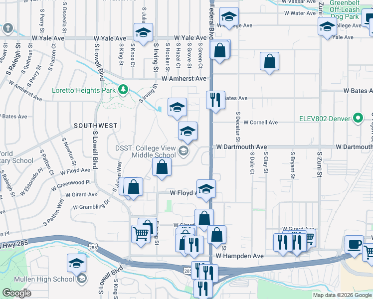 map of restaurants, bars, coffee shops, grocery stores, and more near 3111 West Dartmouth Avenue in Denver