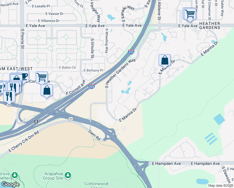 map of restaurants, bars, coffee shops, grocery stores, and more near 3124 South Wheeling Way in Aurora
