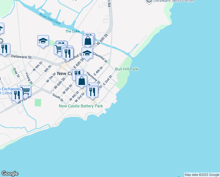 map of restaurants, bars, coffee shops, grocery stores, and more near 106 The Strand in New Castle