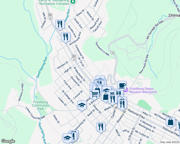 map of restaurants, bars, coffee shops, grocery stores, and more near 10 Standish Street in Frostburg