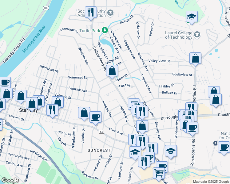 map of restaurants, bars, coffee shops, grocery stores, and more near 3333 Collins Ferry Road in Morgantown
