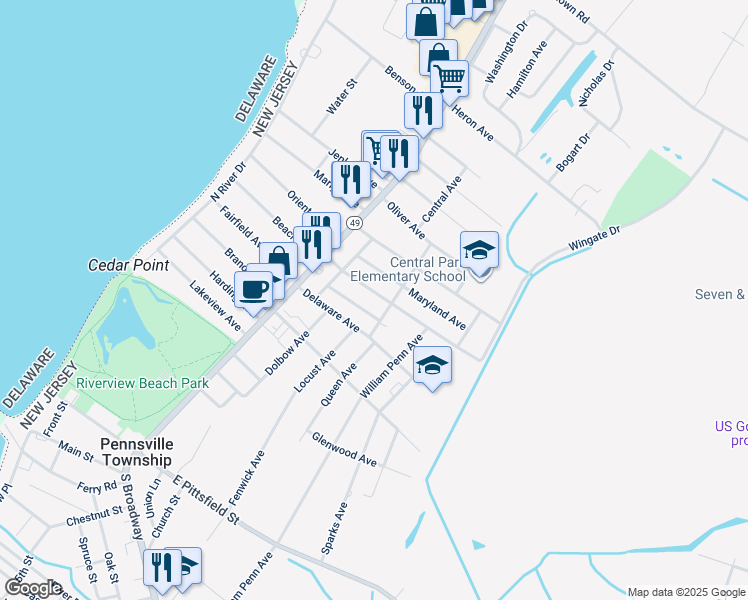 map of restaurants, bars, coffee shops, grocery stores, and more near 127 Queen Avenue in Pennsville