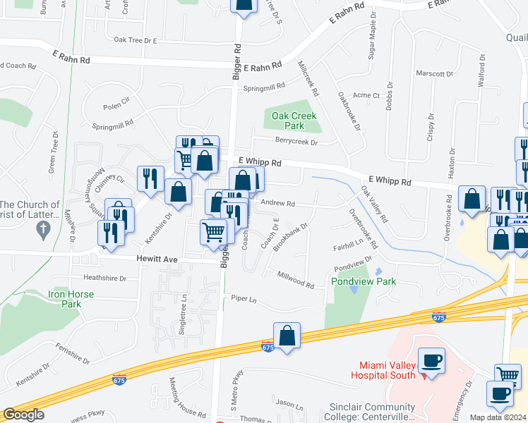 map of restaurants, bars, coffee shops, grocery stores, and more near 5680 Coach Drive East in Kettering