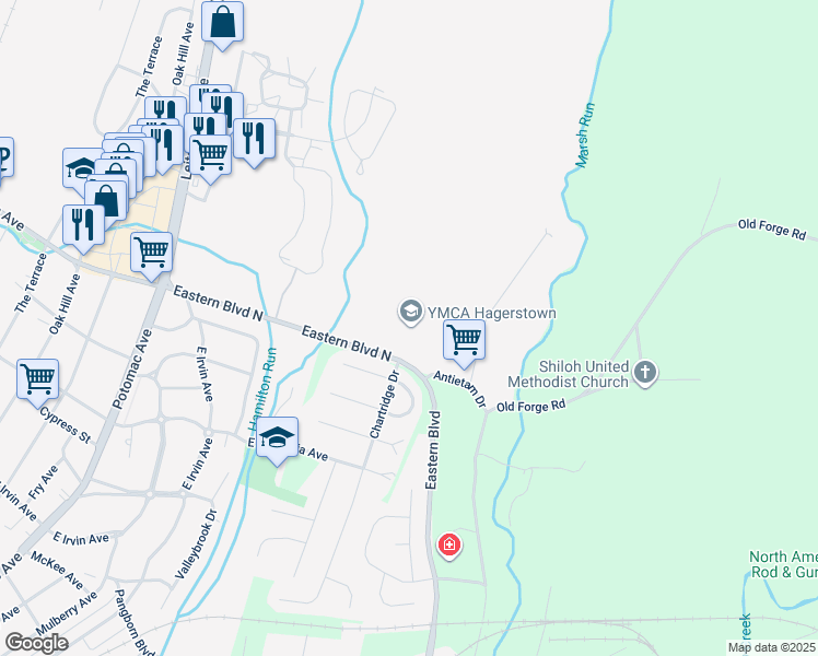 map of restaurants, bars, coffee shops, grocery stores, and more near 1100 Eastern Boulevard North in Hagerstown