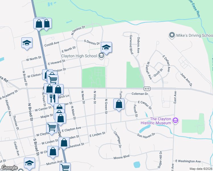 map of restaurants, bars, coffee shops, grocery stores, and more near 105 Pop Kramer Boulevard in Clayton