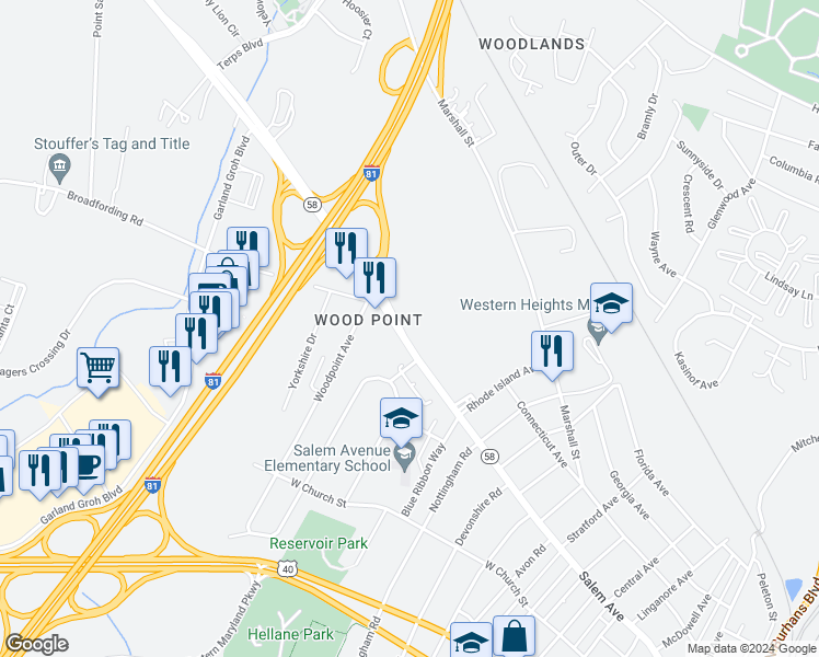 map of restaurants, bars, coffee shops, grocery stores, and more near 1404 Salem Avenue in Hagerstown