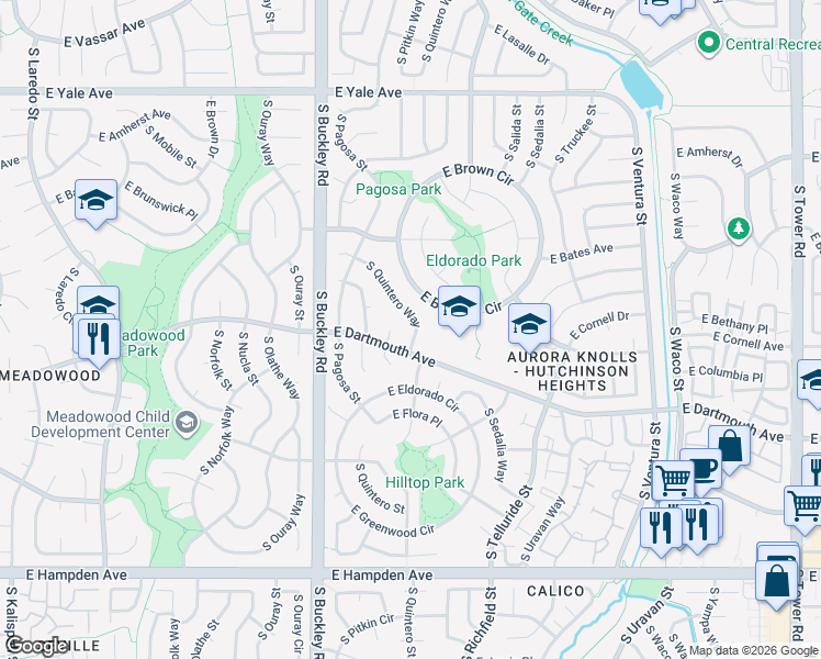 map of restaurants, bars, coffee shops, grocery stores, and more near 3090 South Quintero Way in Aurora