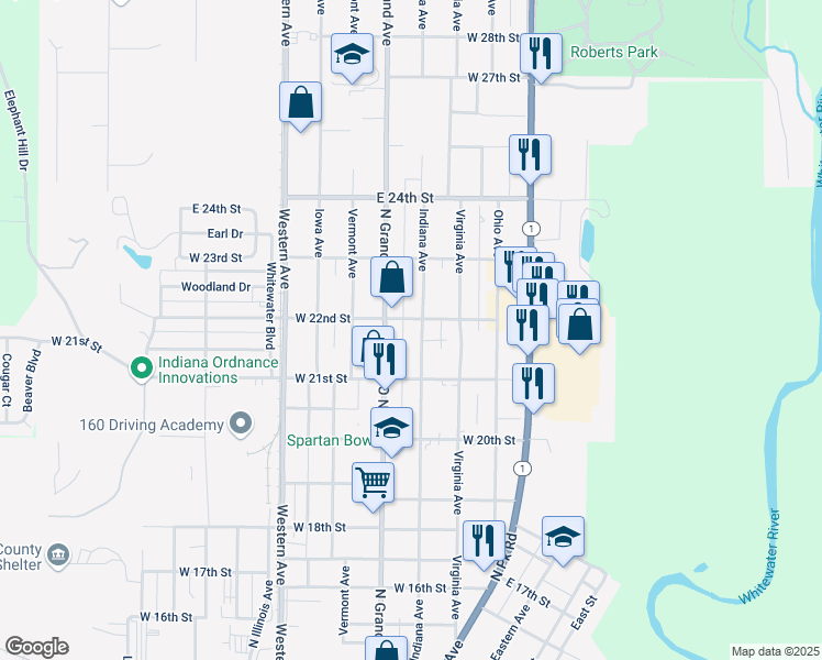 map of restaurants, bars, coffee shops, grocery stores, and more near 2139 Indiana Avenue in Connersville