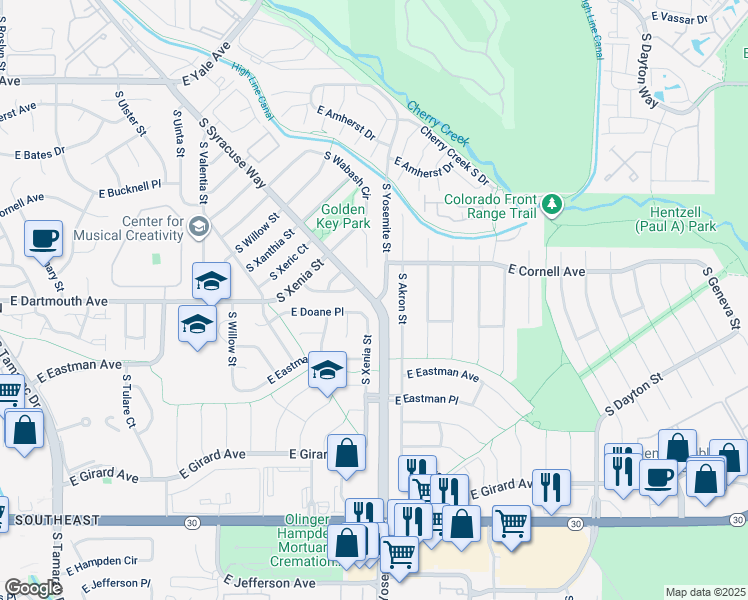 map of restaurants, bars, coffee shops, grocery stores, and more near 3125 South Akron Street in Denver