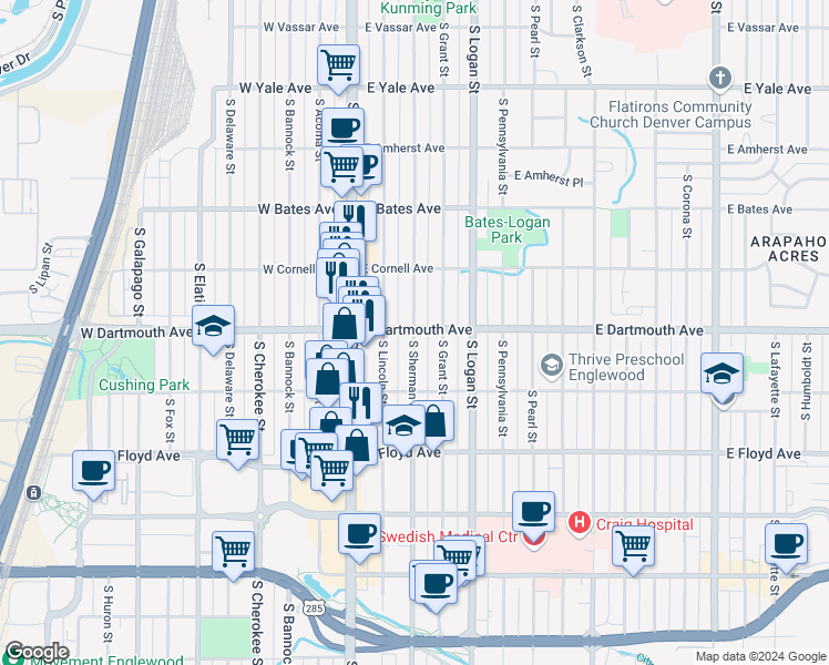 map of restaurants, bars, coffee shops, grocery stores, and more near 3118 South Sherman Street in Englewood