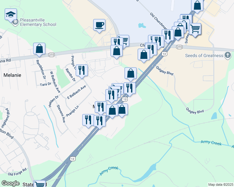 map of restaurants, bars, coffee shops, grocery stores, and more near 3 4th Avenue in New Castle