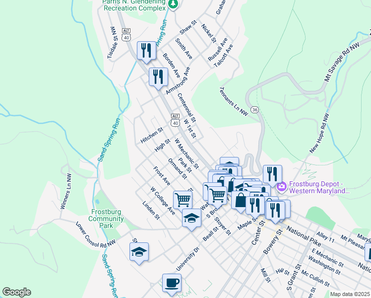 map of restaurants, bars, coffee shops, grocery stores, and more near 86 West Main Street in Frostburg