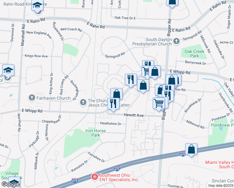 map of restaurants, bars, coffee shops, grocery stores, and more near 1926 East Whipp Road in Dayton