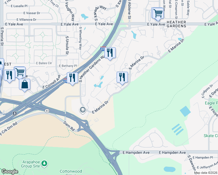 map of restaurants, bars, coffee shops, grocery stores, and more near 13661 East Marina Drive in Aurora