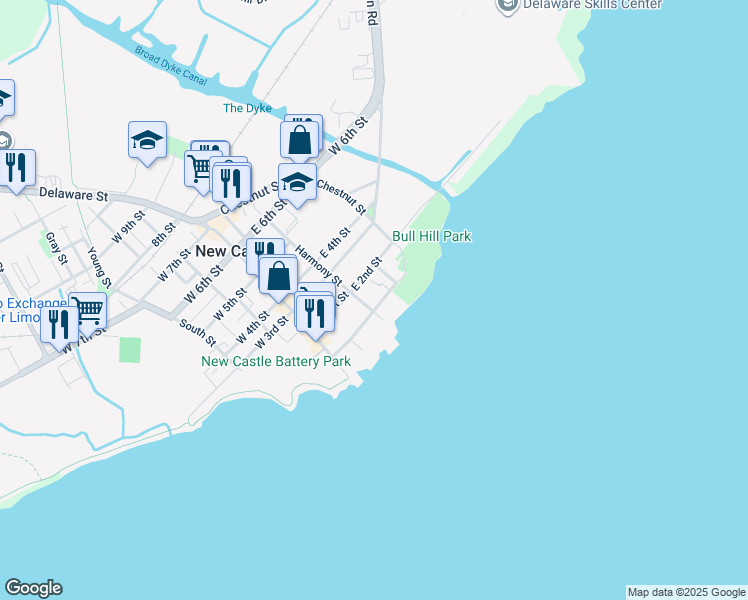 map of restaurants, bars, coffee shops, grocery stores, and more near 106 The Strand in New Castle