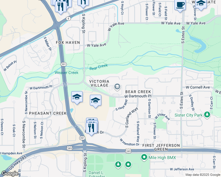 map of restaurants, bars, coffee shops, grocery stores, and more near 9601 West Dartmouth Place in Lakewood