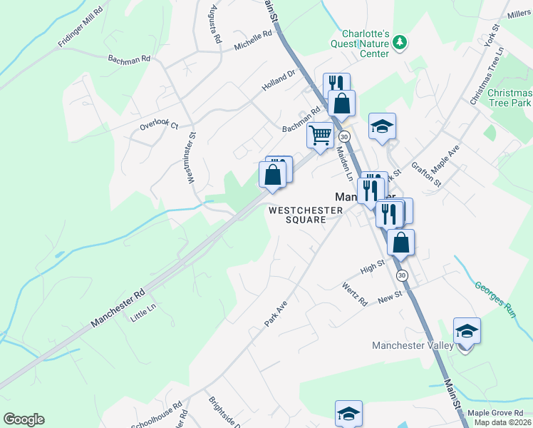 map of restaurants, bars, coffee shops, grocery stores, and more near 3001 Westminster Street in Manchester