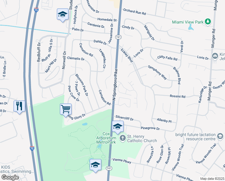 map of restaurants, bars, coffee shops, grocery stores, and more near 6373 North Springboro Pike in Dayton