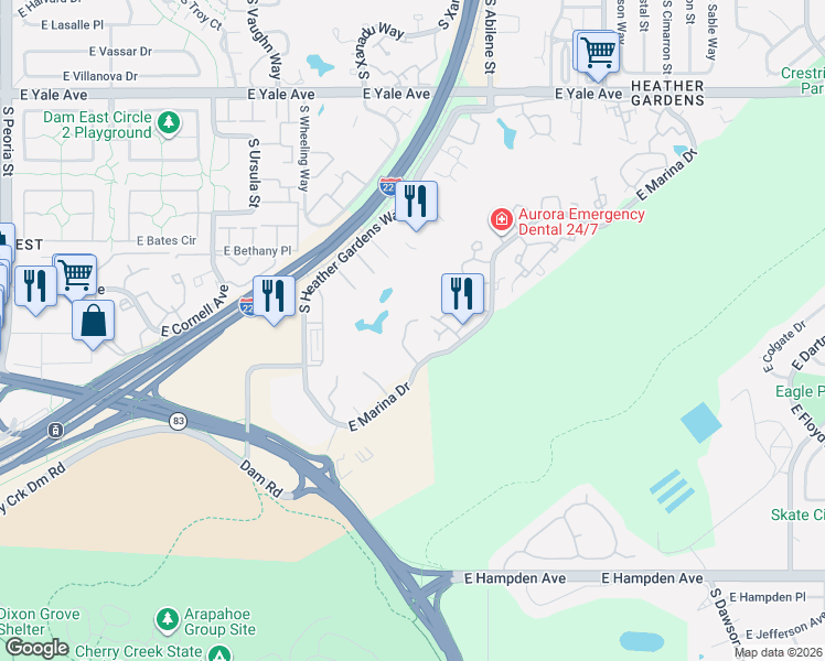 map of restaurants, bars, coffee shops, grocery stores, and more near 13691 East Marina Drive in Aurora