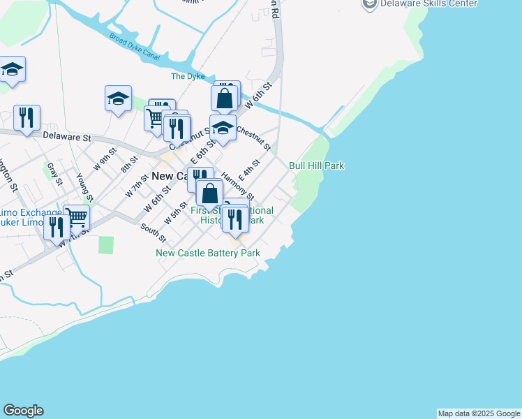 map of restaurants, bars, coffee shops, grocery stores, and more near 124 Harmony Street in New Castle