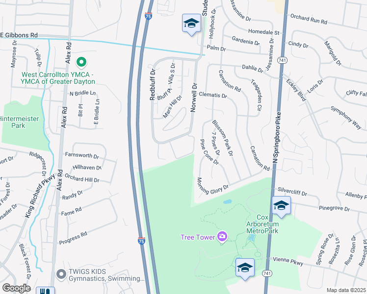 map of restaurants, bars, coffee shops, grocery stores, and more near 1308 Camphill Way in Dayton