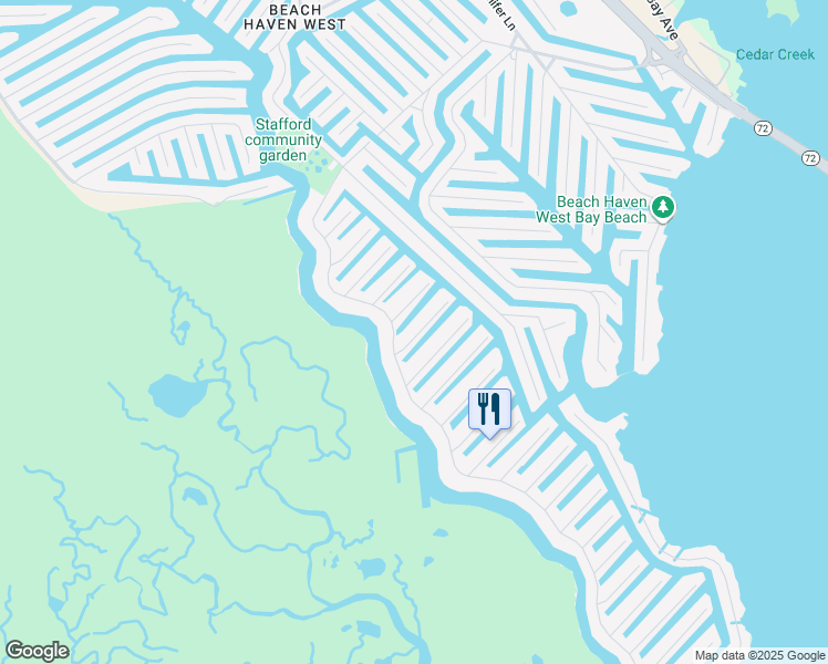 map of restaurants, bars, coffee shops, grocery stores, and more near 1416 Mill Creek Road in Stafford Township