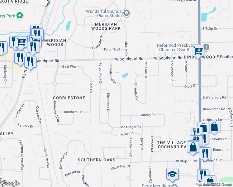 map of restaurants, bars, coffee shops, grocery stores, and more near 7288 Sandalwood Drive in Indianapolis