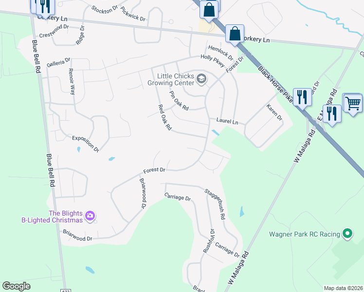map of restaurants, bars, coffee shops, grocery stores, and more near 212 Hickory Lane in Monroe