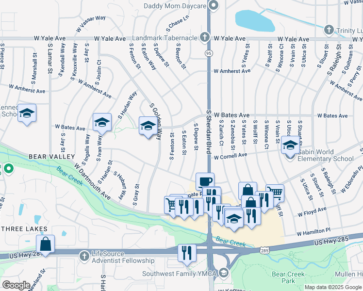 map of restaurants, bars, coffee shops, grocery stores, and more near 2965 South Eaton Street in Denver