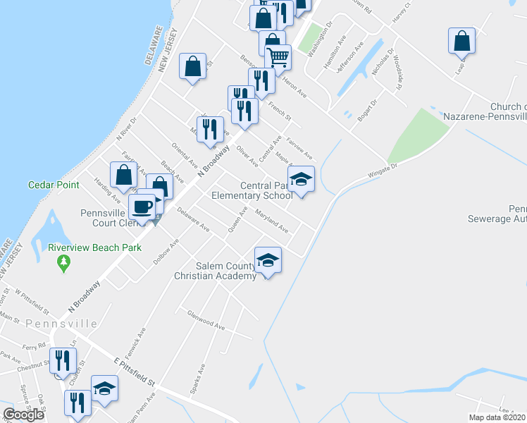 map of restaurants, bars, coffee shops, grocery stores, and more near 50 Maryland Avenue in Salem County