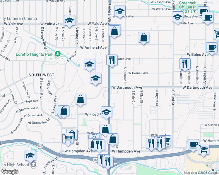 map of restaurants, bars, coffee shops, grocery stores, and more near S Federal Blvd & W Dartmouth Ave in Denver