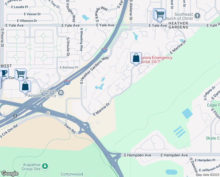 map of restaurants, bars, coffee shops, grocery stores, and more near 13661 East Marina Drive in Aurora
