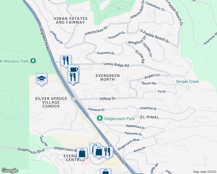 map of restaurants, bars, coffee shops, grocery stores, and more near 30553 Hilltop Drive in Evergreen