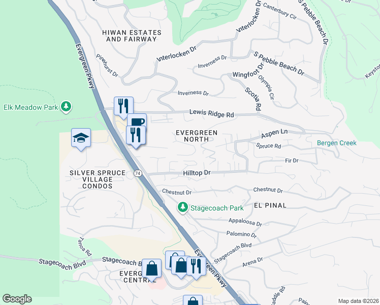 map of restaurants, bars, coffee shops, grocery stores, and more near 30823 Hilltop Drive in Evergreen