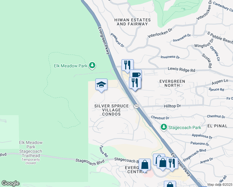 map of restaurants, bars, coffee shops, grocery stores, and more near 31383 Frost Way in Evergreen
