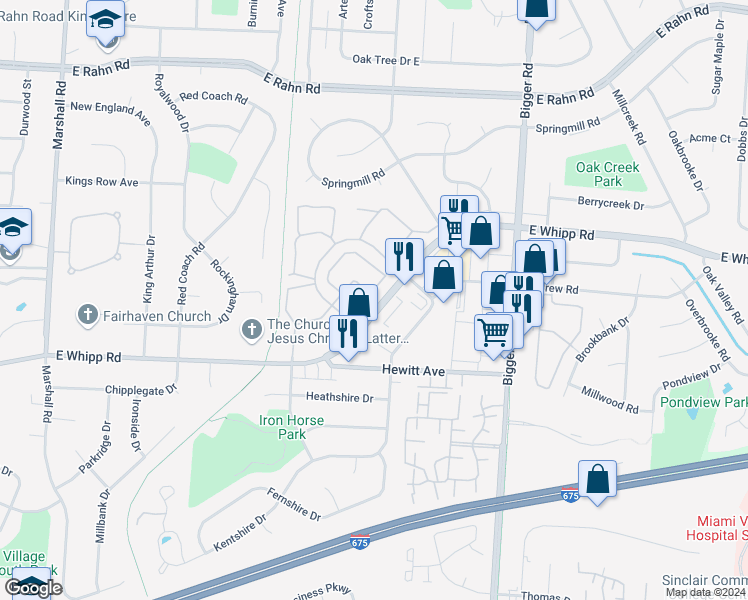 map of restaurants, bars, coffee shops, grocery stores, and more near 1926 East Whipp Road in Dayton