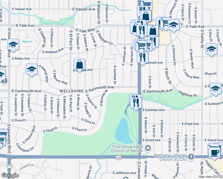map of restaurants, bars, coffee shops, grocery stores, and more near 3660 East Dartmouth Avenue in Denver