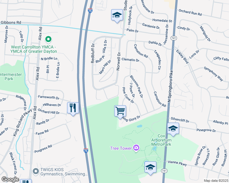 map of restaurants, bars, coffee shops, grocery stores, and more near 1332 Camphill Way in West Carrollton