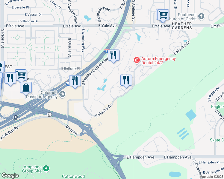 map of restaurants, bars, coffee shops, grocery stores, and more near 13661 East Marina Drive in Aurora