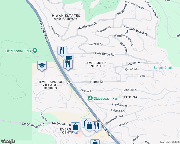 map of restaurants, bars, coffee shops, grocery stores, and more near 30675 Sun Creek Drive in Evergreen