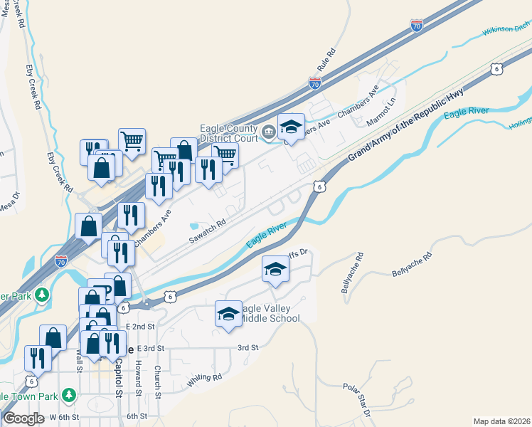 map of restaurants, bars, coffee shops, grocery stores, and more near 79 Chelsea Court in Eagle