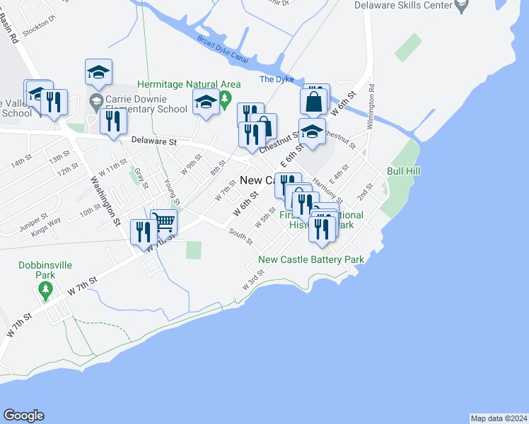 map of restaurants, bars, coffee shops, grocery stores, and more near 34 West 5th Street in New Castle