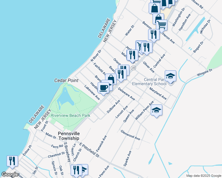 map of restaurants, bars, coffee shops, grocery stores, and more near 101 North Broadway in Pennsville Township